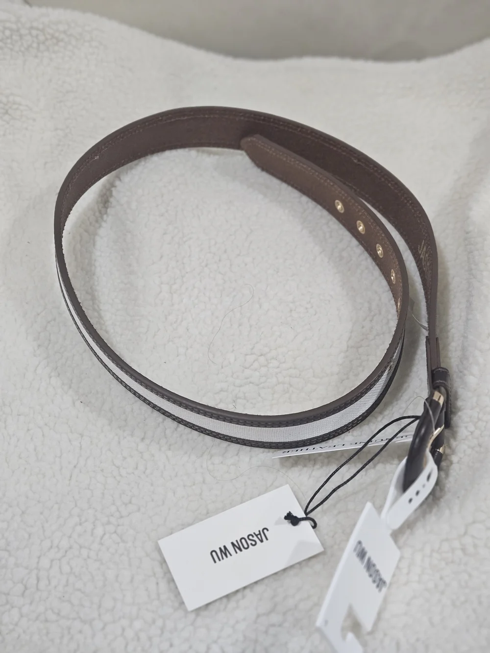 Jason Wu Men’s Brown Leather Belt with White Canvas Inlay Lg